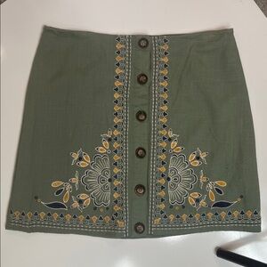 Blue Rain Embroidered Button Front Mini Skirt Linen Blend Size Medium